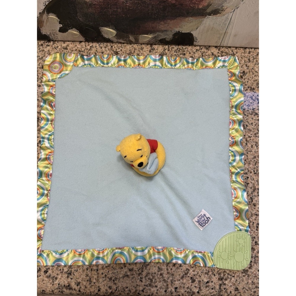 Disney Baby WINNIE the POOH Blue Fleece Satin Trim Lovey Rattle Teether